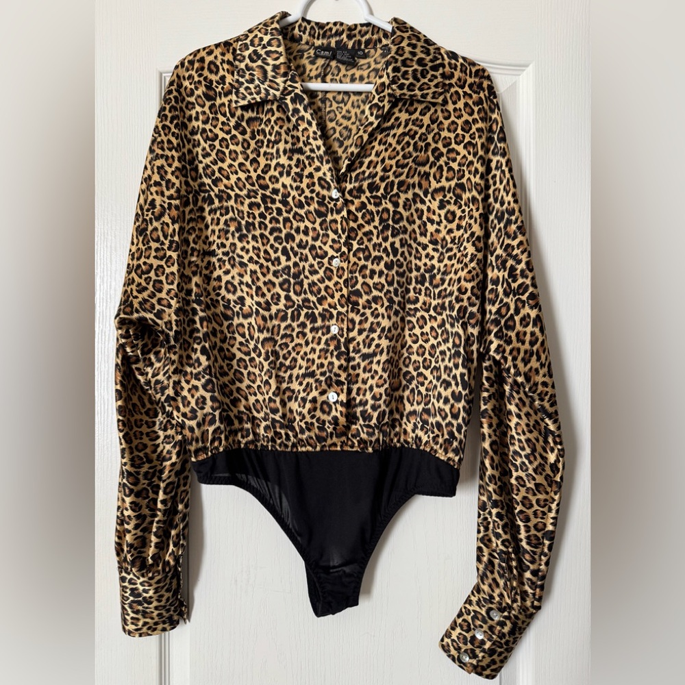 LIKE NEW Cami International Long Sleeve Button Down Silk Leopard Bodysuit